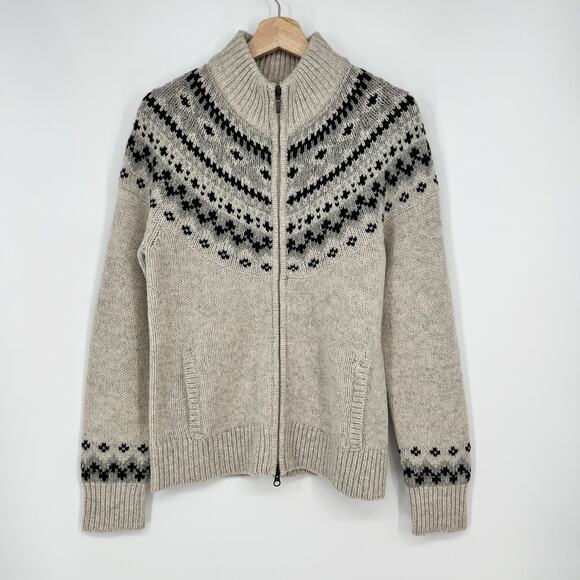 L.L. Bean Lambswool Fair Isle Cardigan Sweater Jacket Womens S Beige Black Zip - Picture 1 of 9